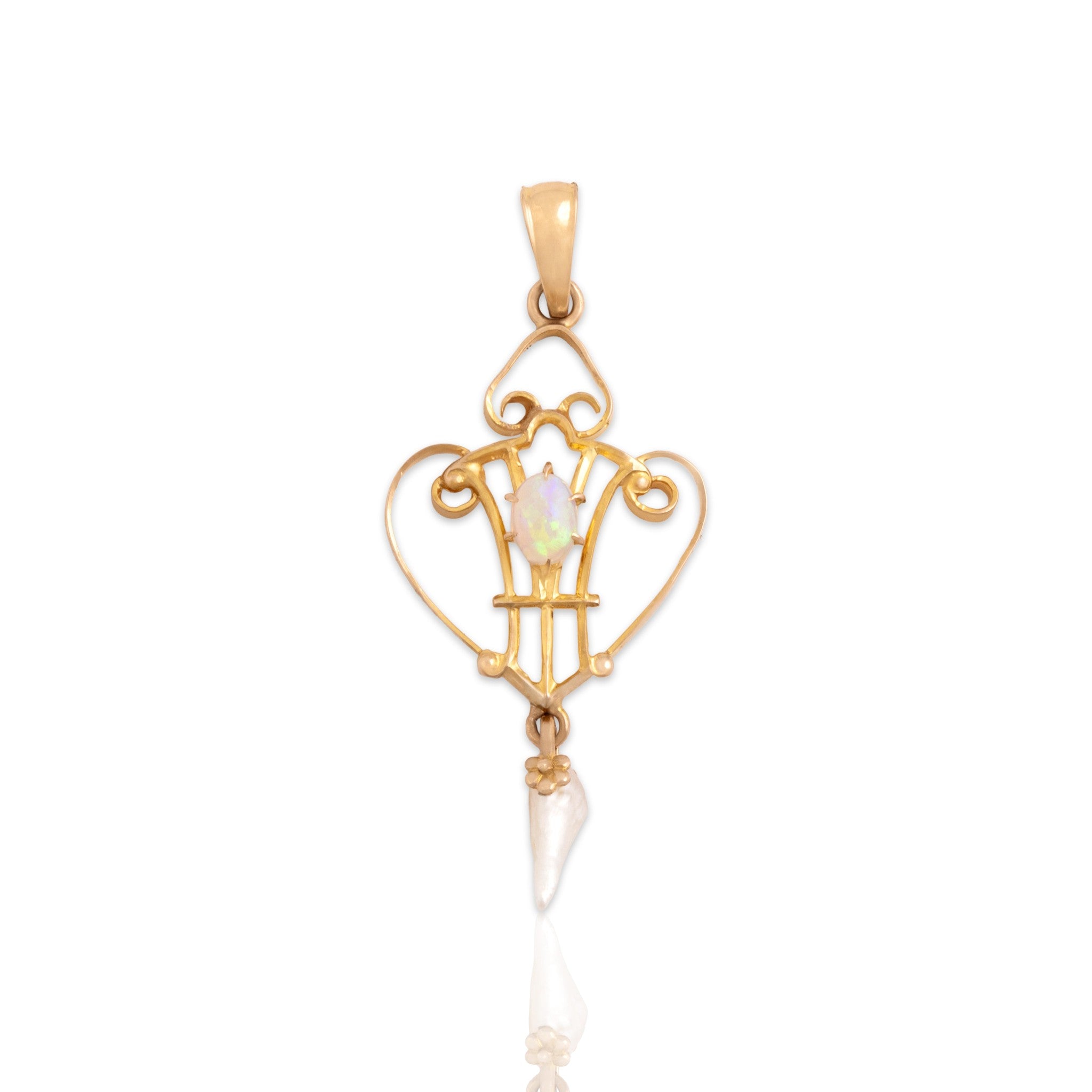 Antique-Style Lightweight Gold Tone Simulated Opal Seed Faux Pearl Delicate Ornate Pendant