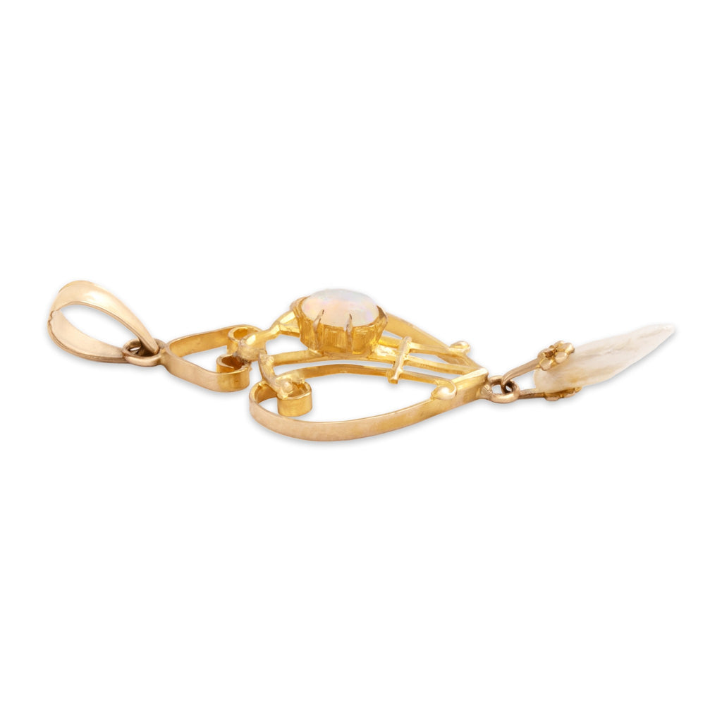 Antique-Style Lightweight Gold Tone Simulated Opal Seed Faux Pearl Delicate Ornate Pendant
