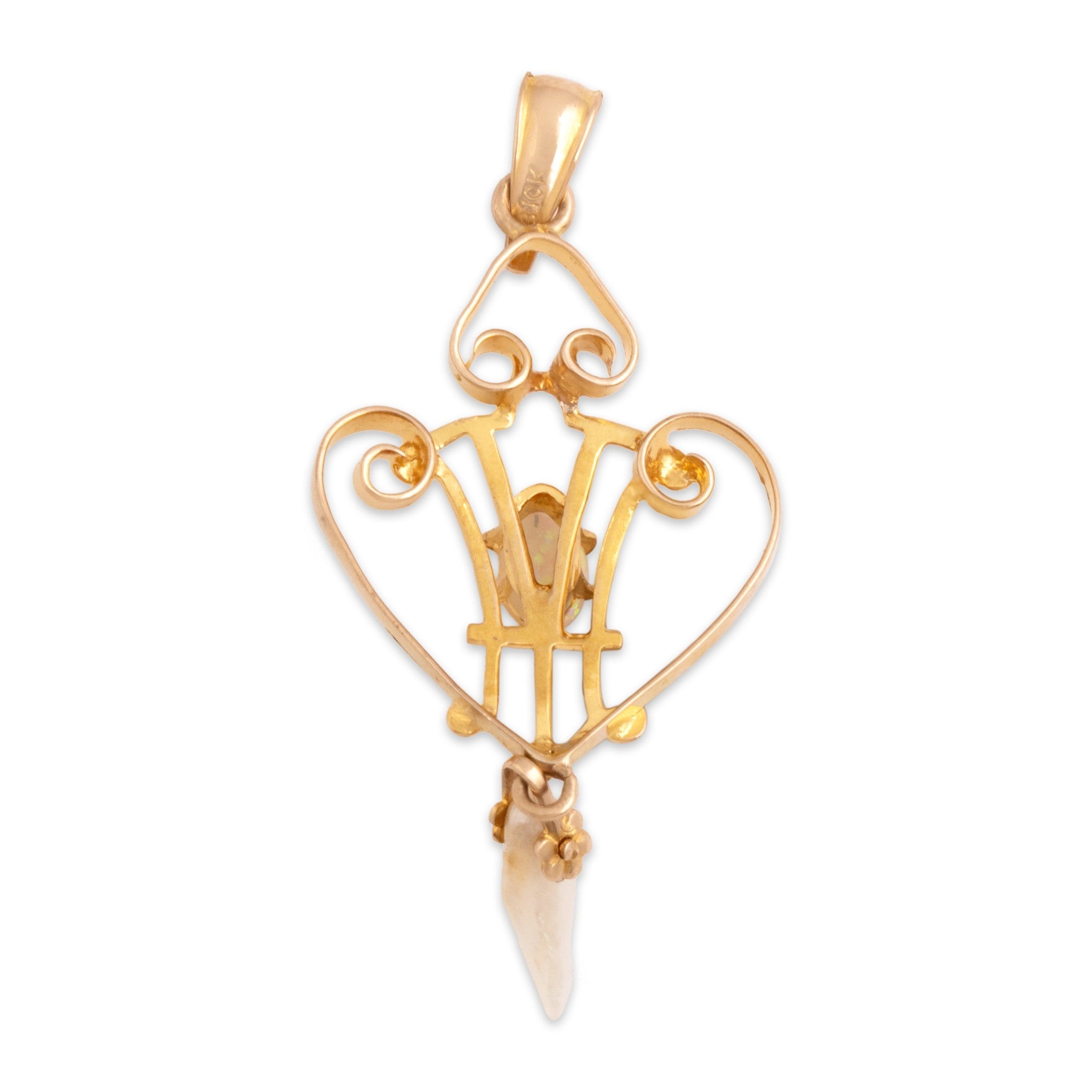 Antique-Style Lightweight Gold Tone Simulated Opal Seed Faux Pearl Delicate Ornate Pendant