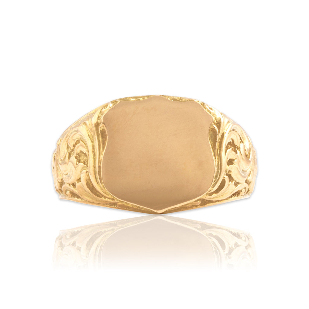 Antique-Style Heavy Gold Tone Flourishing Shield Signet Ring 10.50