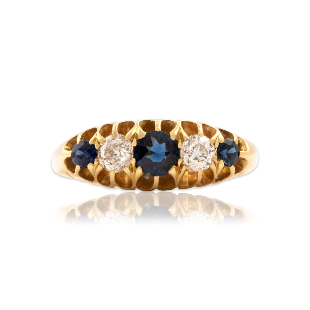 Antique-Style English Gold Tone Blue Simulated Sapphire Old Mine Simulated Diamond Ruffled Ring 5.50
