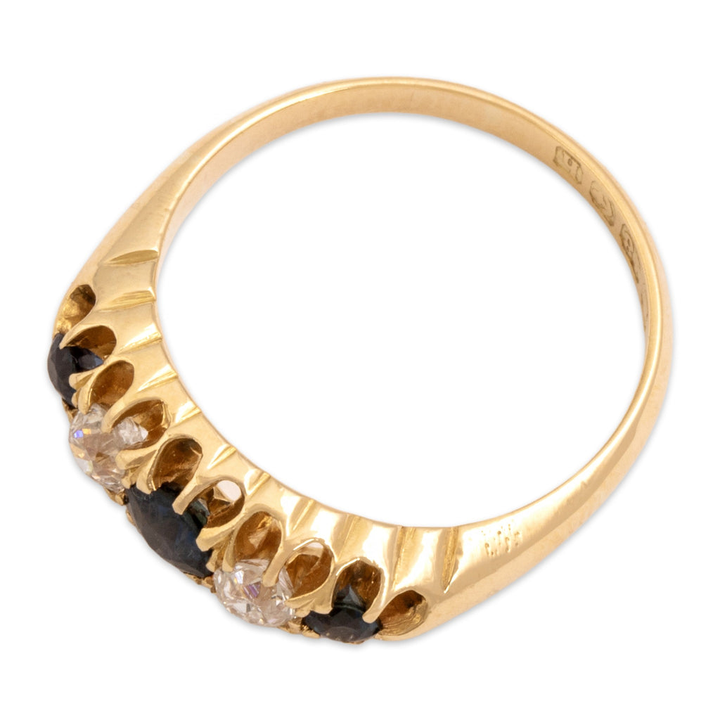 Antique-Style English Gold Tone Blue Simulated Sapphire Old Mine Simulated Diamond Ruffled Ring 5.50