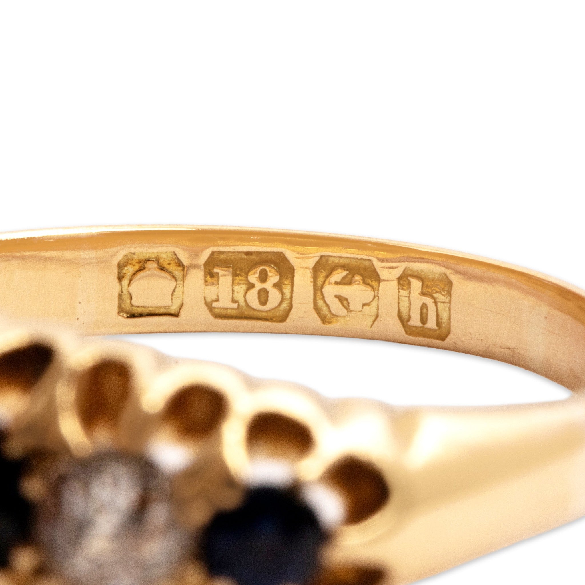 Antique-Style English Gold Tone Blue Simulated Sapphire Old Mine Simulated Diamond Ruffled Ring 5.50