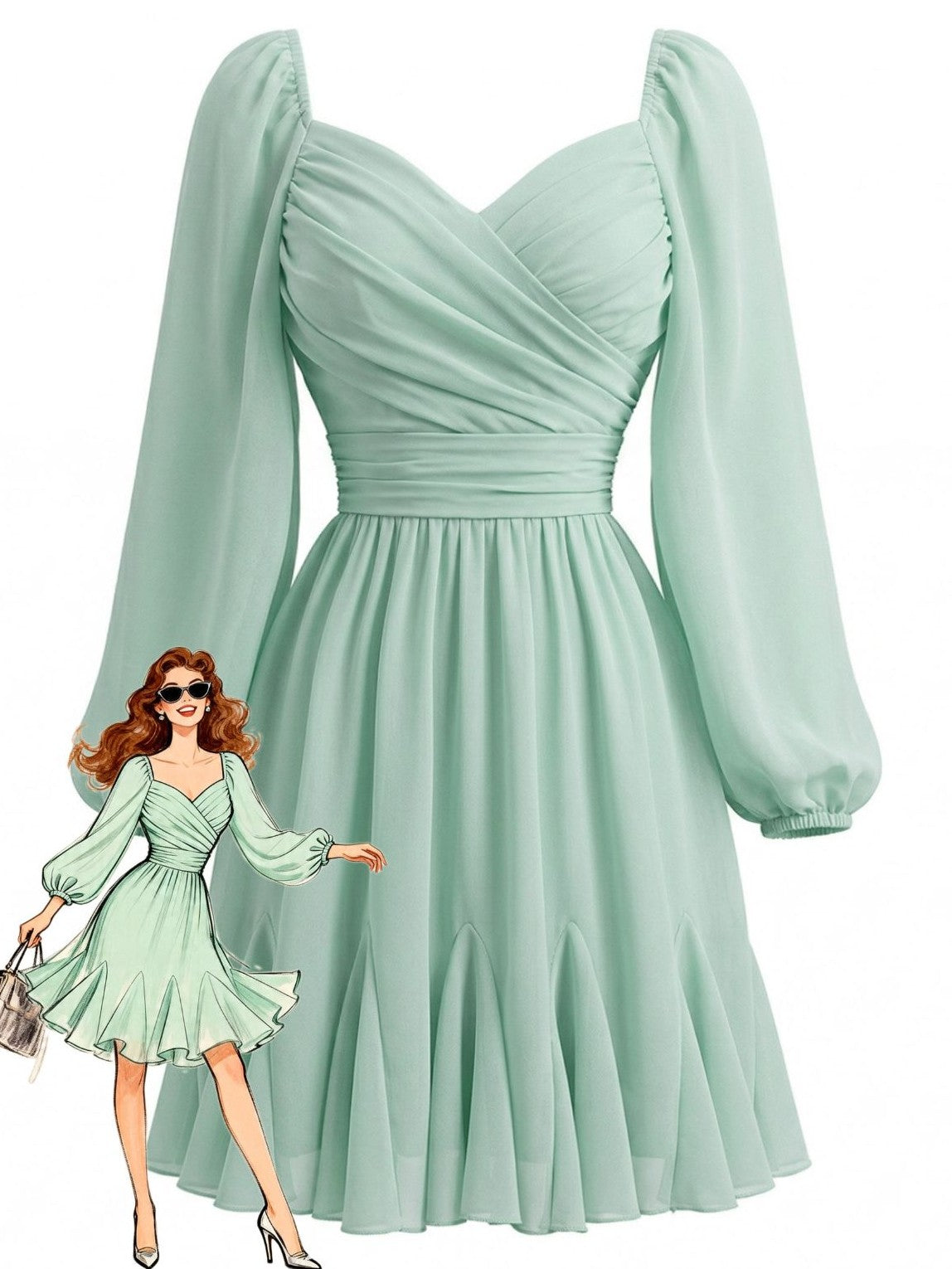 Light Green 1950s Chiffon Lantern Sleeve Ruffled Dress