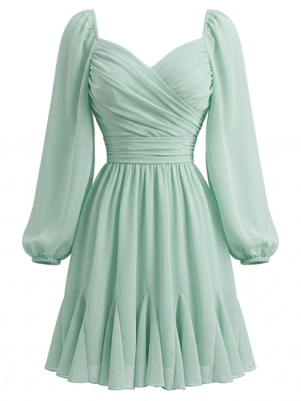 Light Green 1950s Chiffon Lantern Sleeve Ruffled Dress