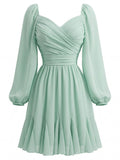 Light Green 1950s Chiffon Lantern Sleeve Ruffled Dress