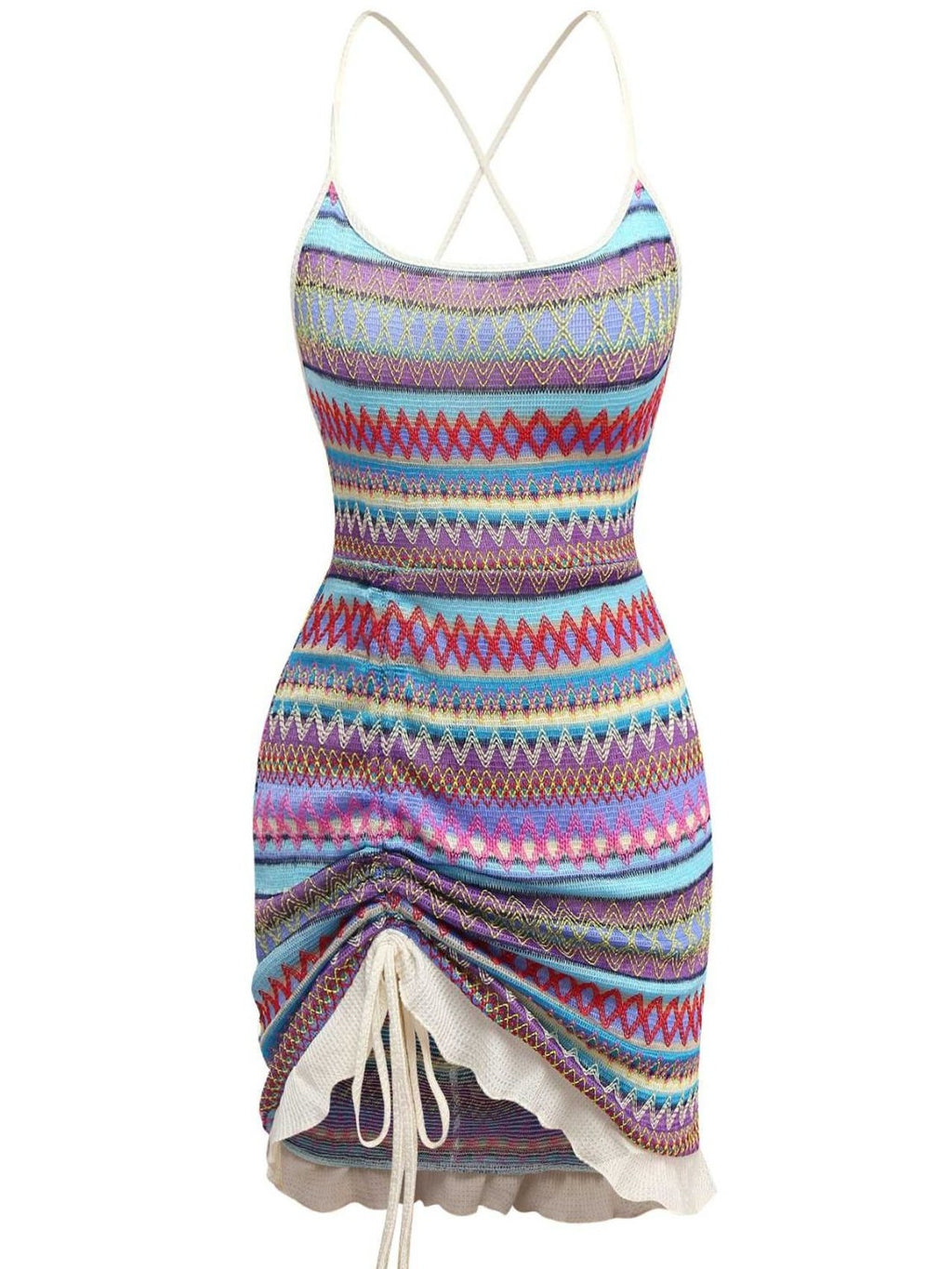 Multicolor 1960s Bohemian Drawstring Knit Straps Dress