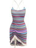 Multicolor 1960s Bohemian Drawstring Knit Straps Dress