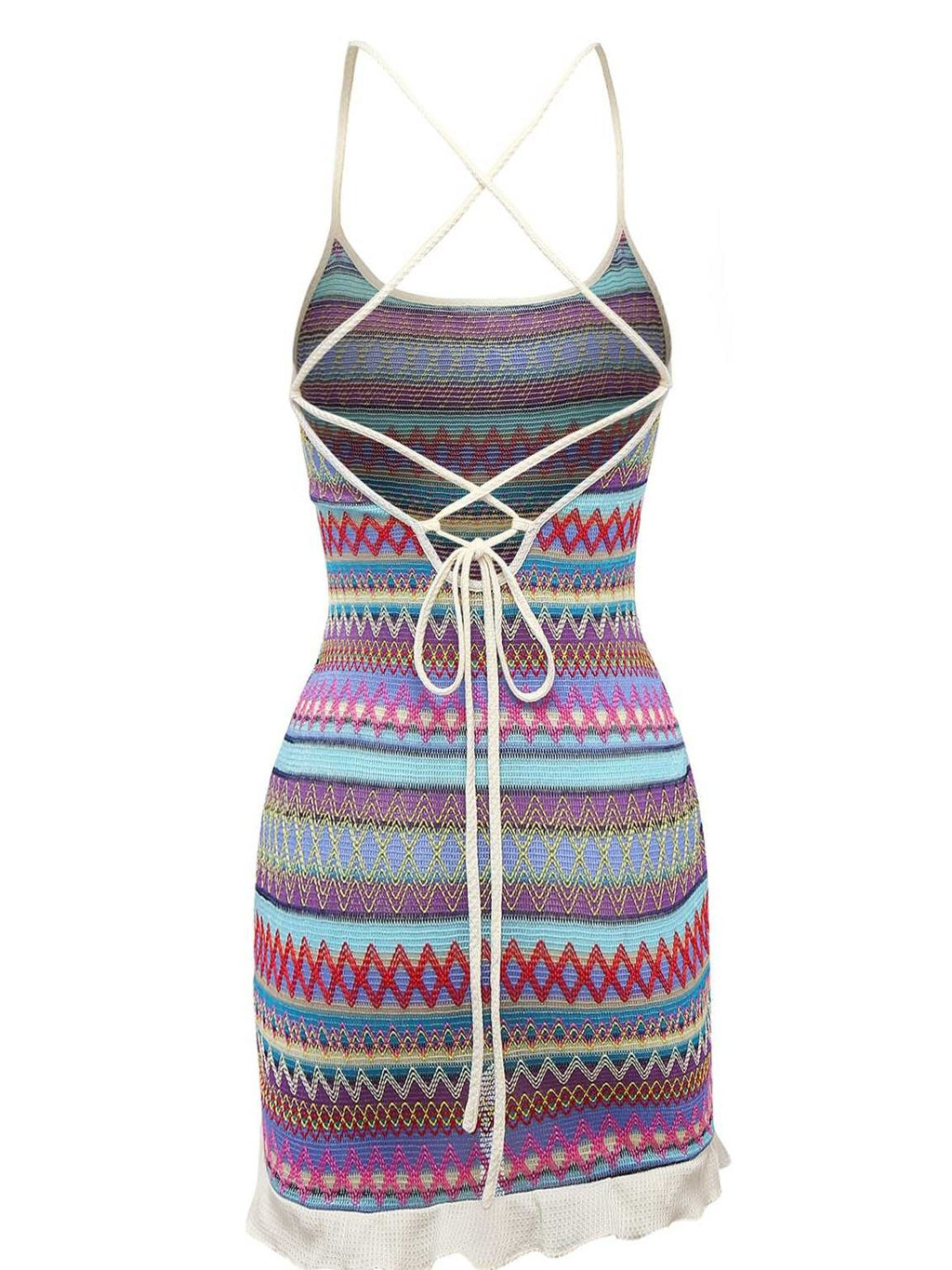 Multicolor 1960s Bohemian Drawstring Knit Straps Dress