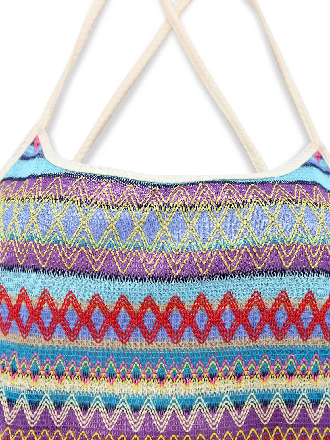 Multicolor 1960s Bohemian Drawstring Knit Straps Dress