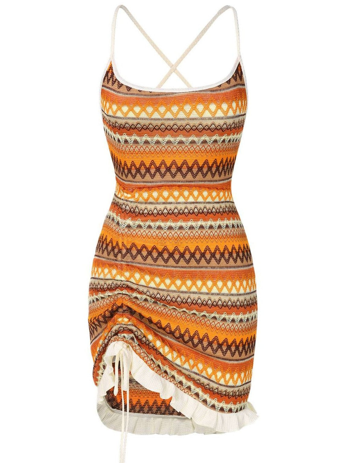 Multicolor 1960s Bohemian Drawstring Knit Straps Dress
