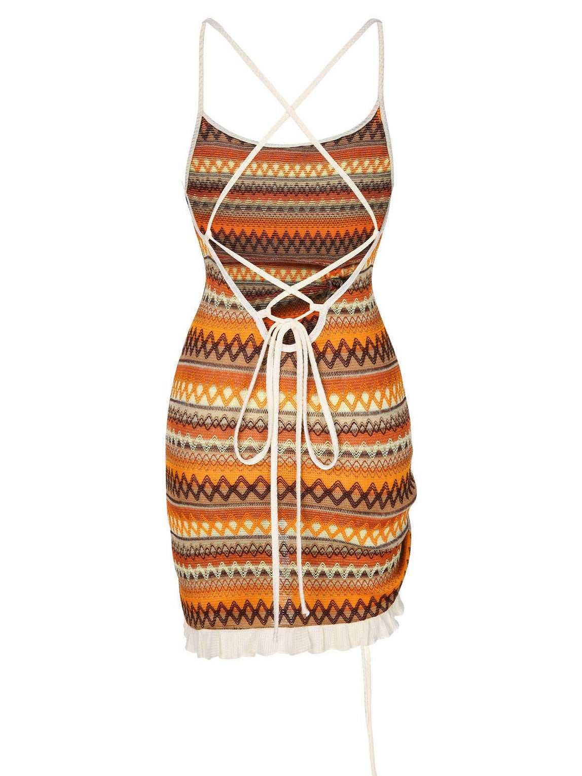 Multicolor 1960s Bohemian Drawstring Knit Straps Dress