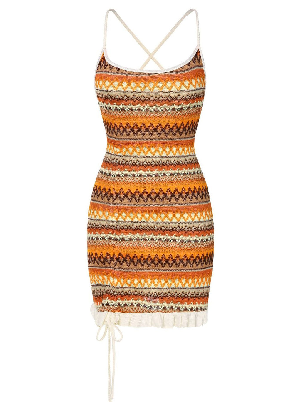 Multicolor 1960s Bohemian Drawstring Knit Straps Dress