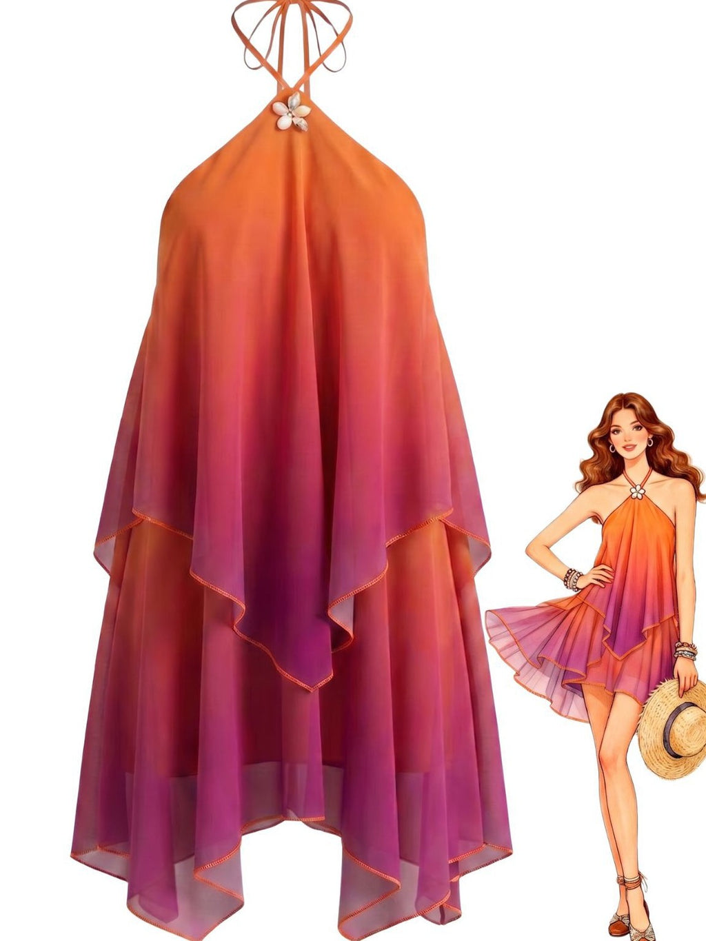 Orange 1960s Gradient Halter Layered Chiffon Mini Dress