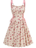 Pink 1950s Strap Ditsy Floral Lace-Up A-Line Dress