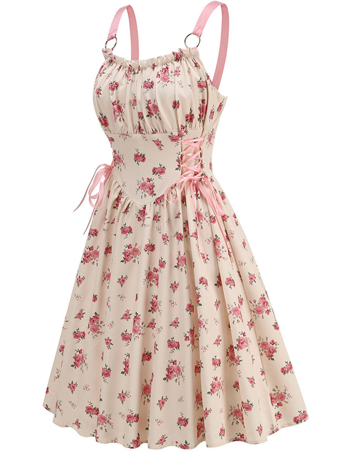 Pink 1950s Strap Ditsy Floral Lace-Up A-Line Dress