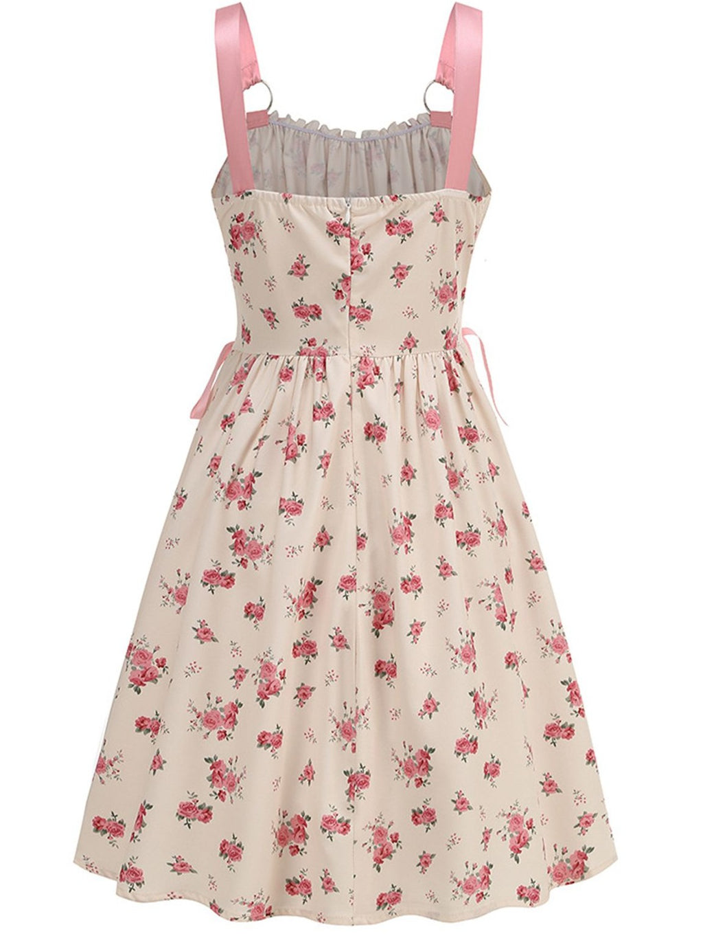 Pink 1950s Strap Ditsy Floral Lace-Up A-Line Dress