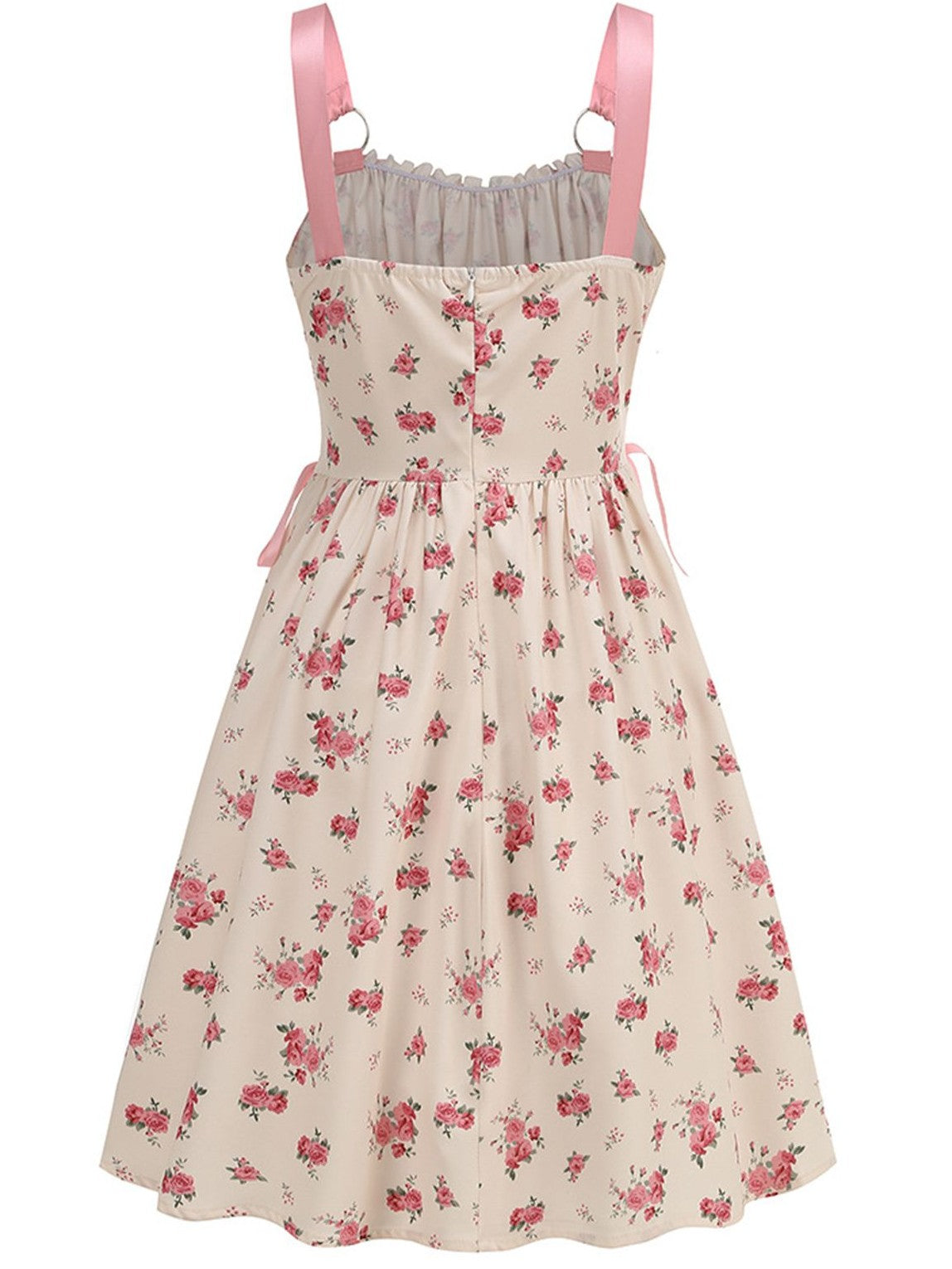 Pink 1950s Strap Ditsy Floral Lace-Up A-Line Dress