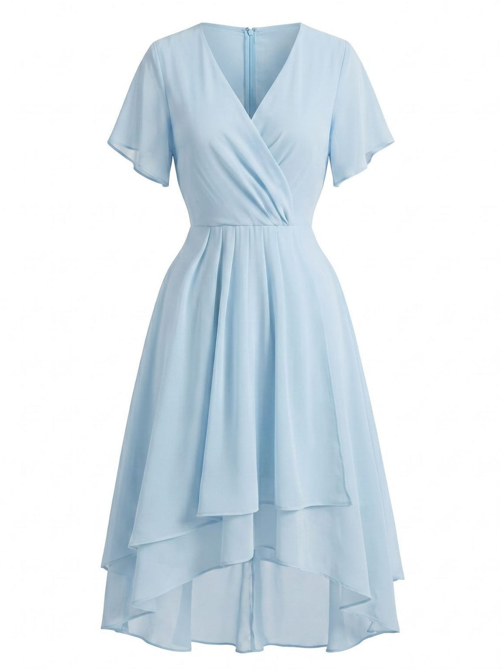 Dark Green 1950s Solid V-Neck Ruffle Sleeve Chiffon Asymmetrical Dress