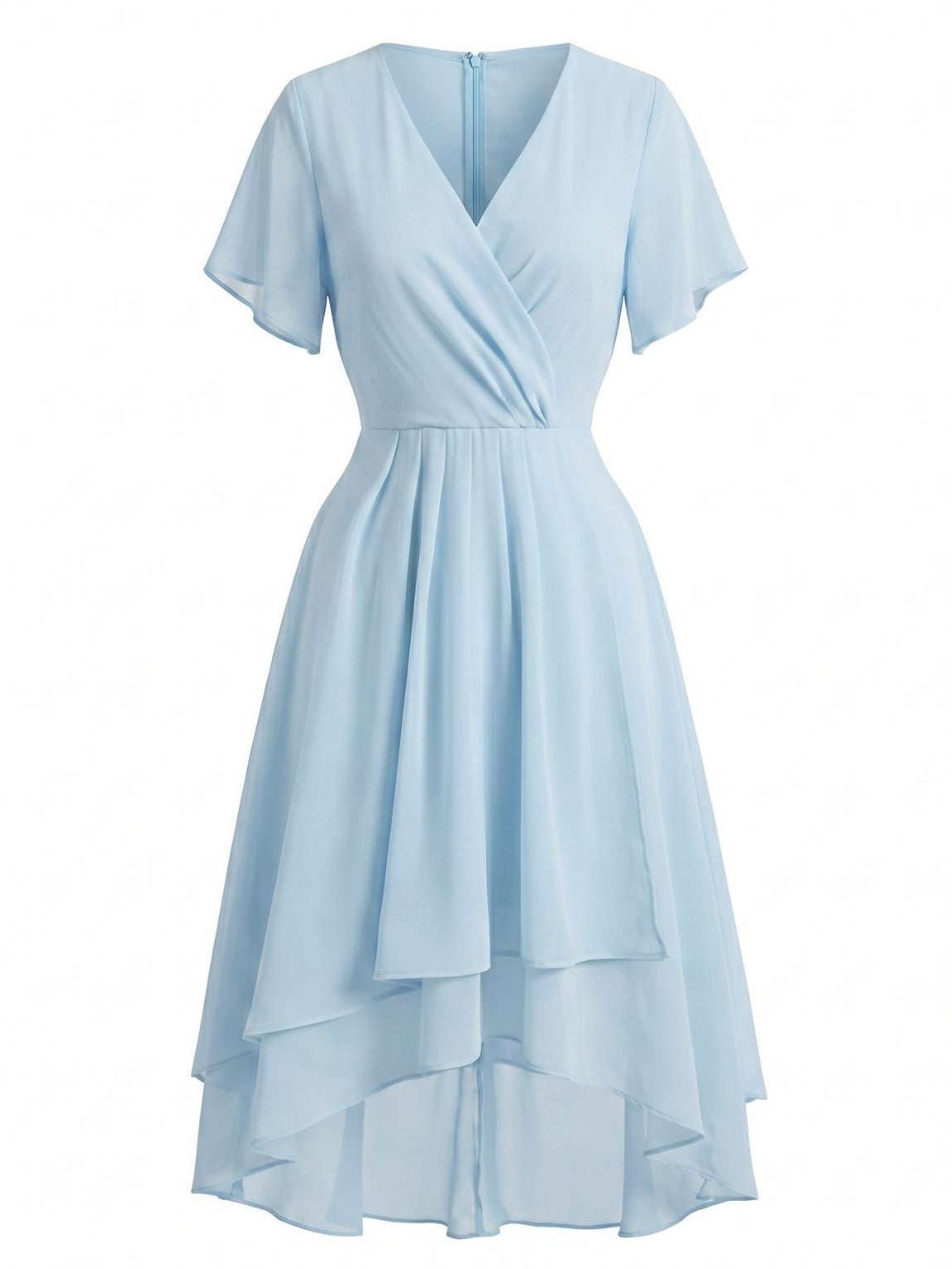 Dark Green 1950s Solid V-Neck Ruffle Sleeve Chiffon Asymmetrical Dress