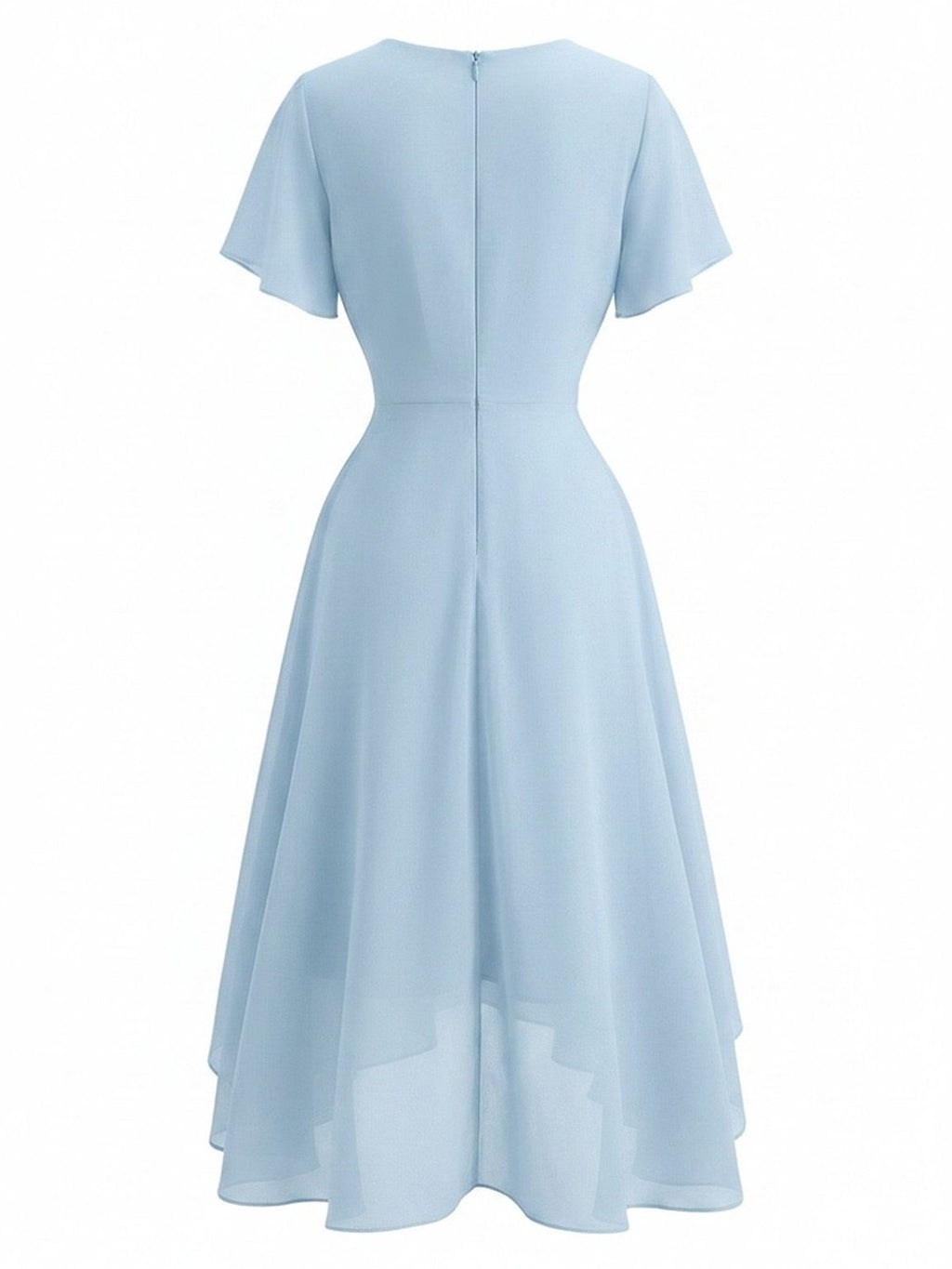 Dark Green 1950s Solid V-Neck Ruffle Sleeve Chiffon Asymmetrical Dress