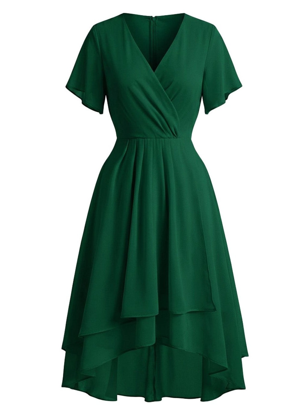 Dark Green 1950s Solid V-Neck Ruffle Sleeve Chiffon Asymmetrical Dress