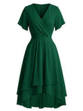 Dark Green 1950s Solid V-Neck Ruffle Sleeve Chiffon Asymmetrical Dress