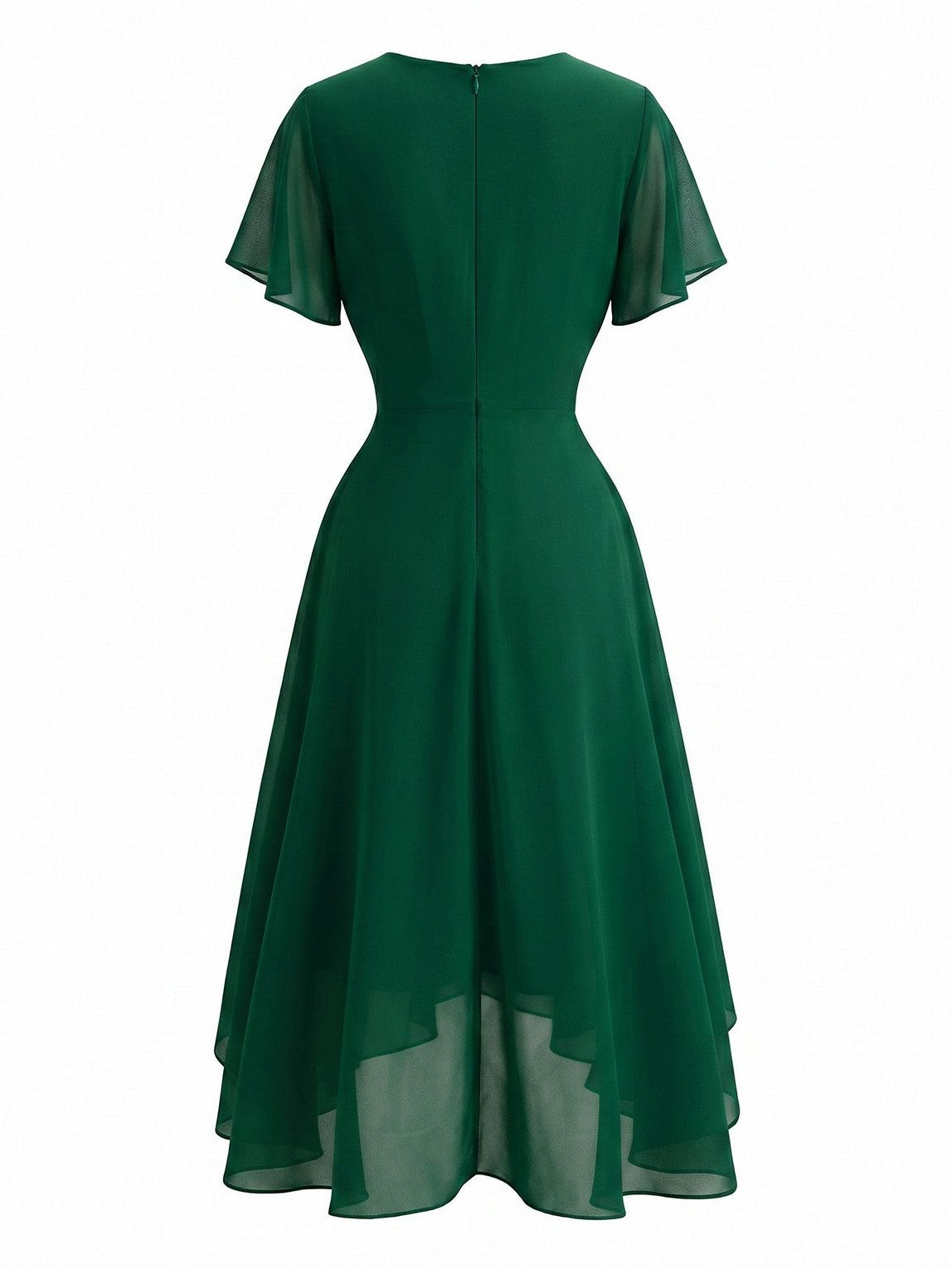 Dark Green 1950s Solid V-Neck Ruffle Sleeve Chiffon Asymmetrical Dress