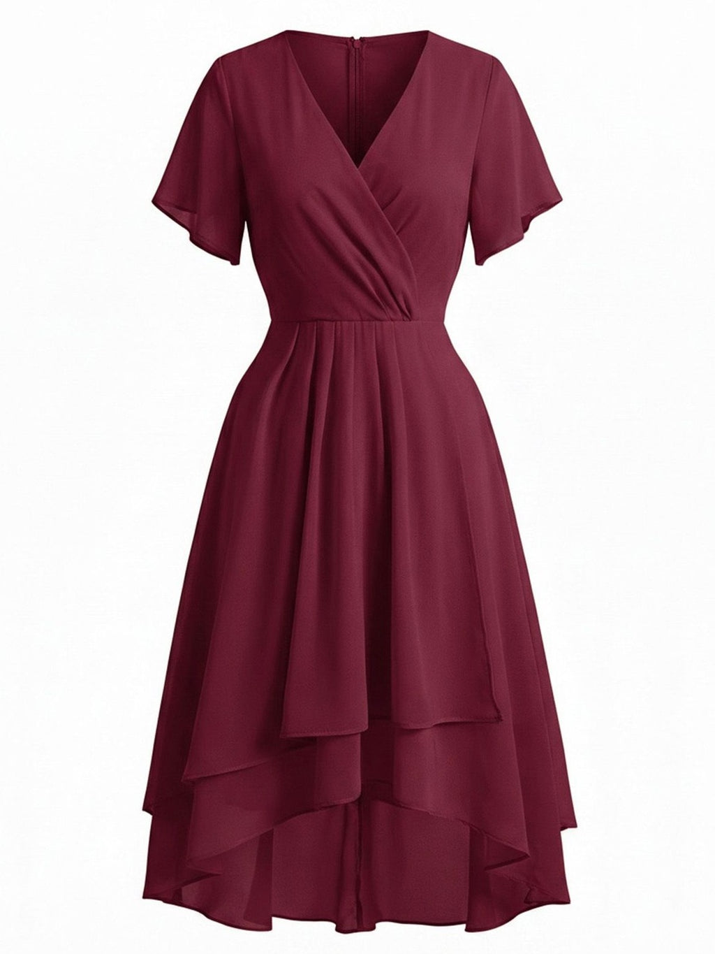 Dark Green 1950s Solid V-Neck Ruffle Sleeve Chiffon Asymmetrical Dress