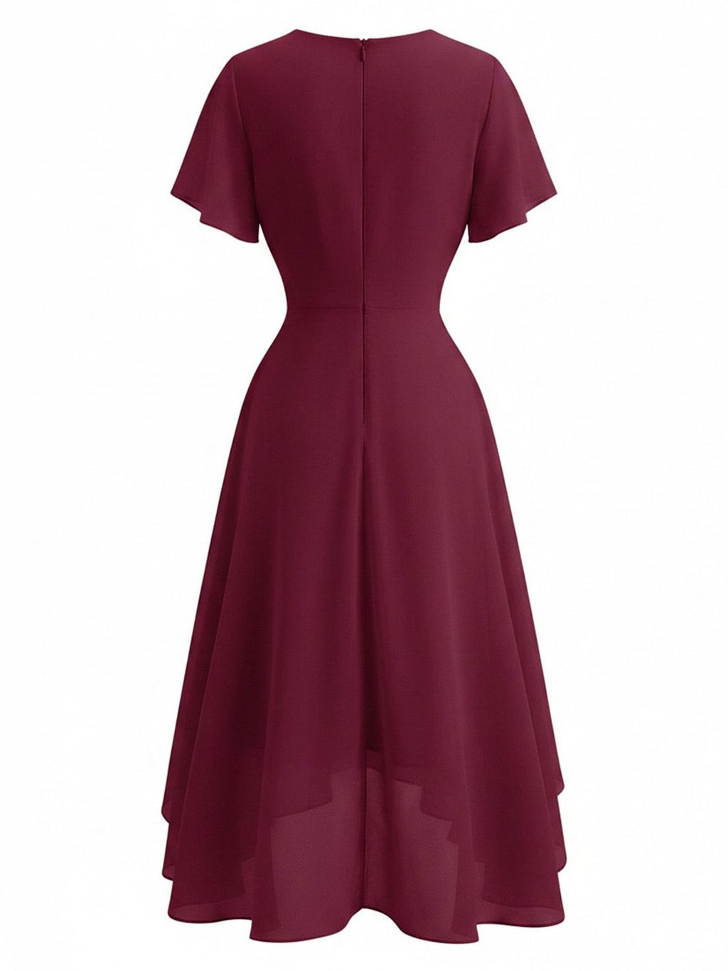 Dark Green 1950s Solid V-Neck Ruffle Sleeve Chiffon Asymmetrical Dress