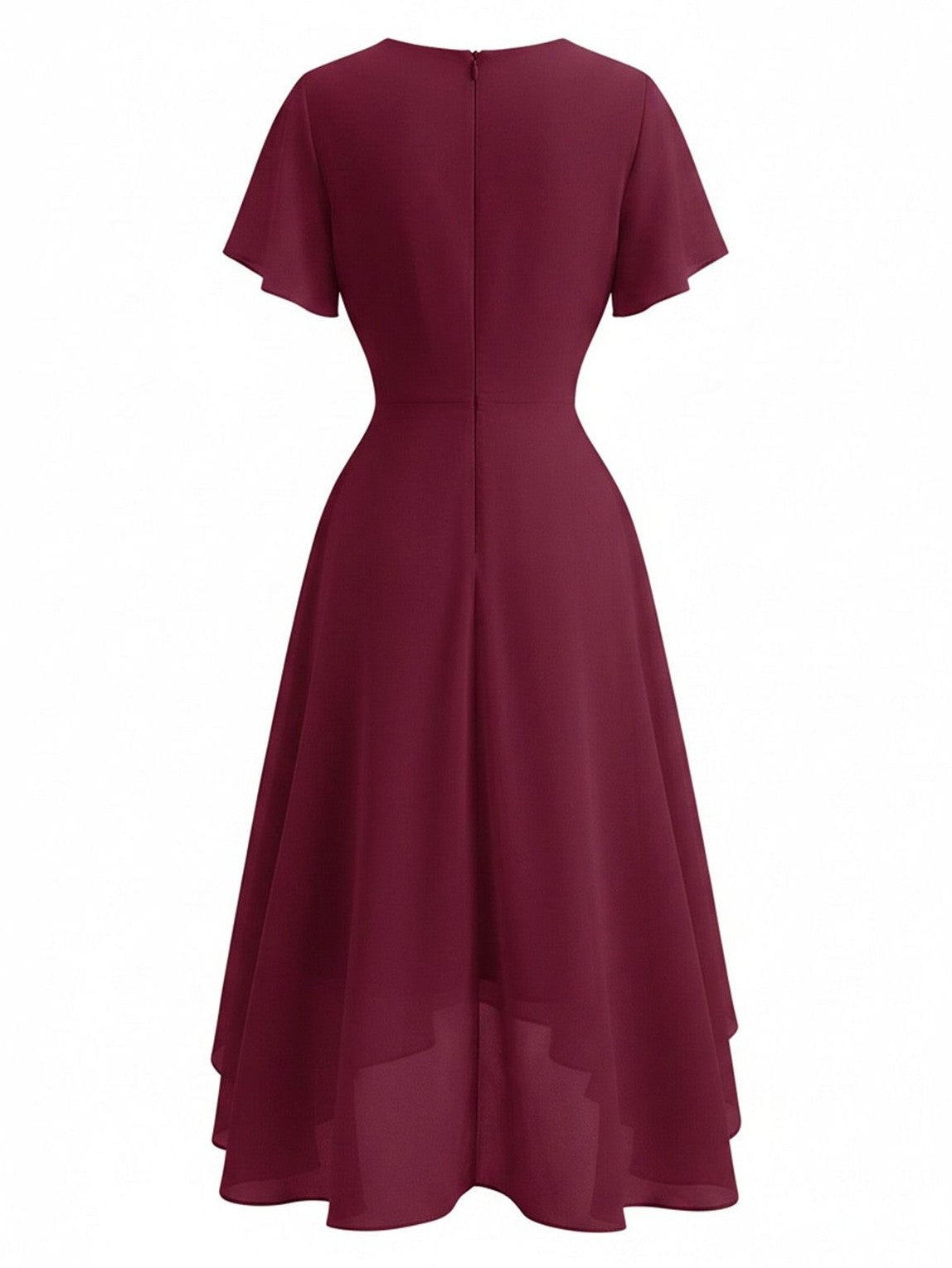Dark Green 1950s Solid V-Neck Ruffle Sleeve Chiffon Asymmetrical Dress