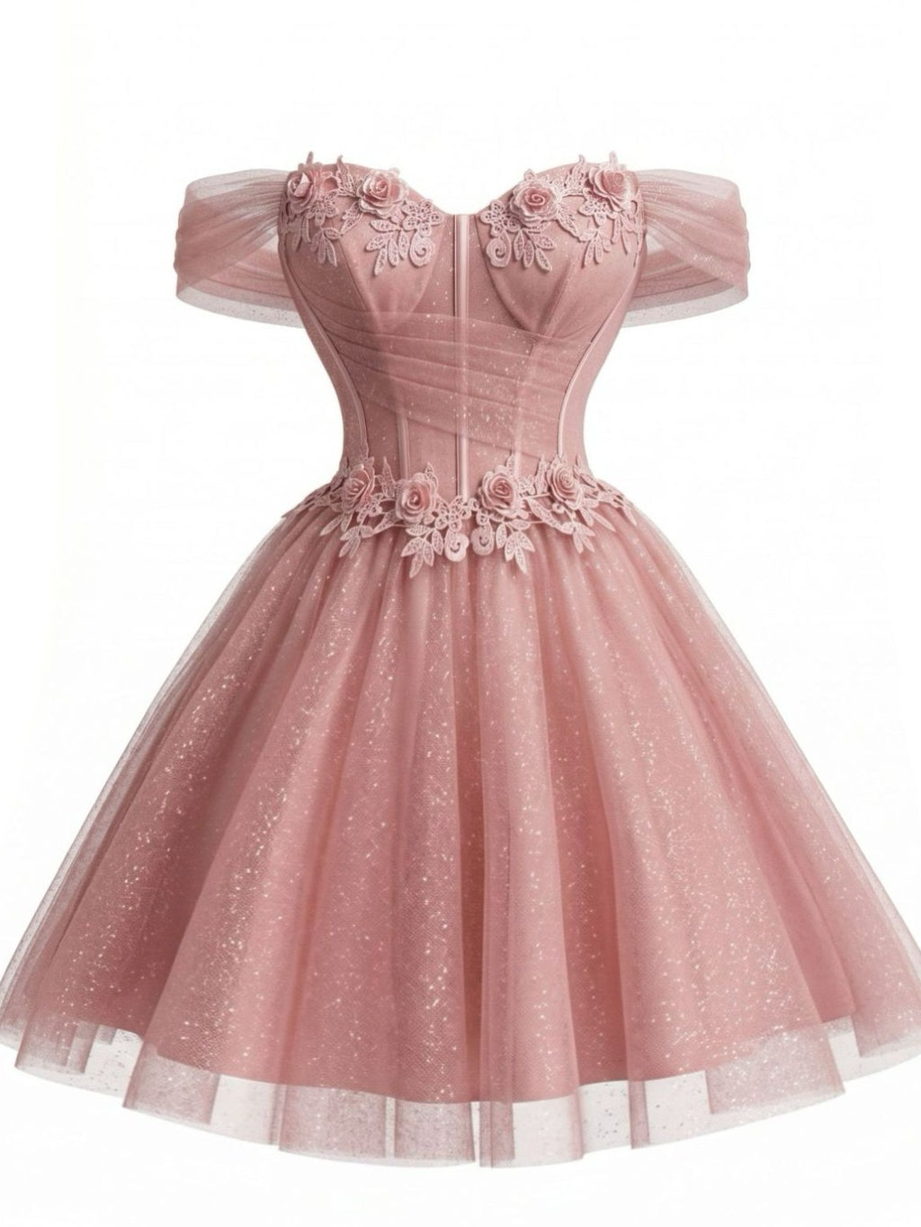 Pink 1950s Floral Off-Shoulder Glitter Tulle Prom Dress