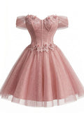 Pink 1950s Floral Off-Shoulder Glitter Tulle Prom Dress
