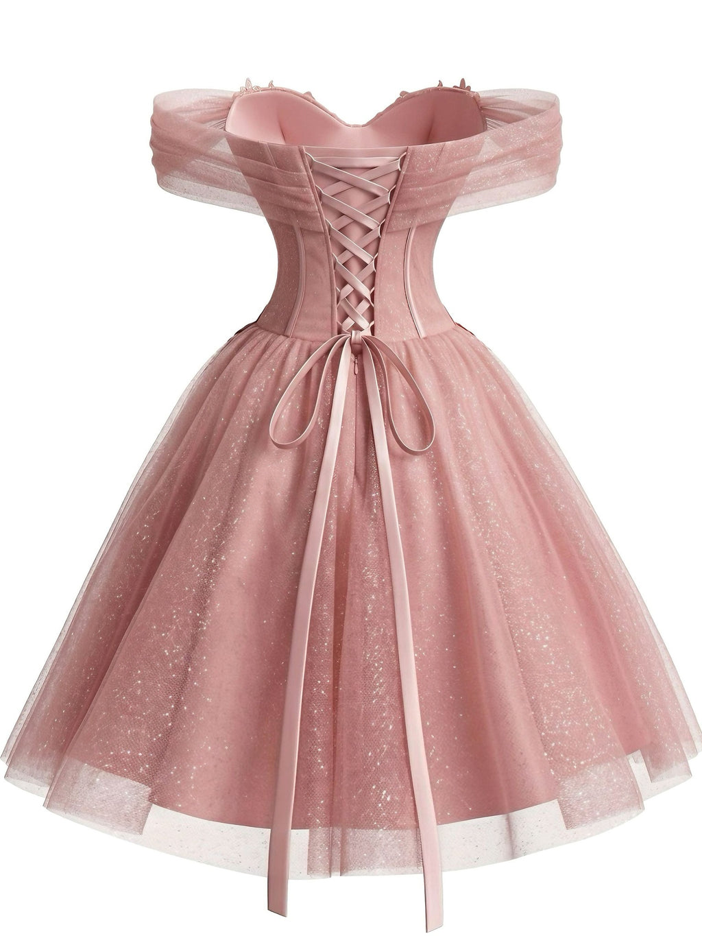 Pink 1950s Floral Off-Shoulder Glitter Tulle Prom Dress