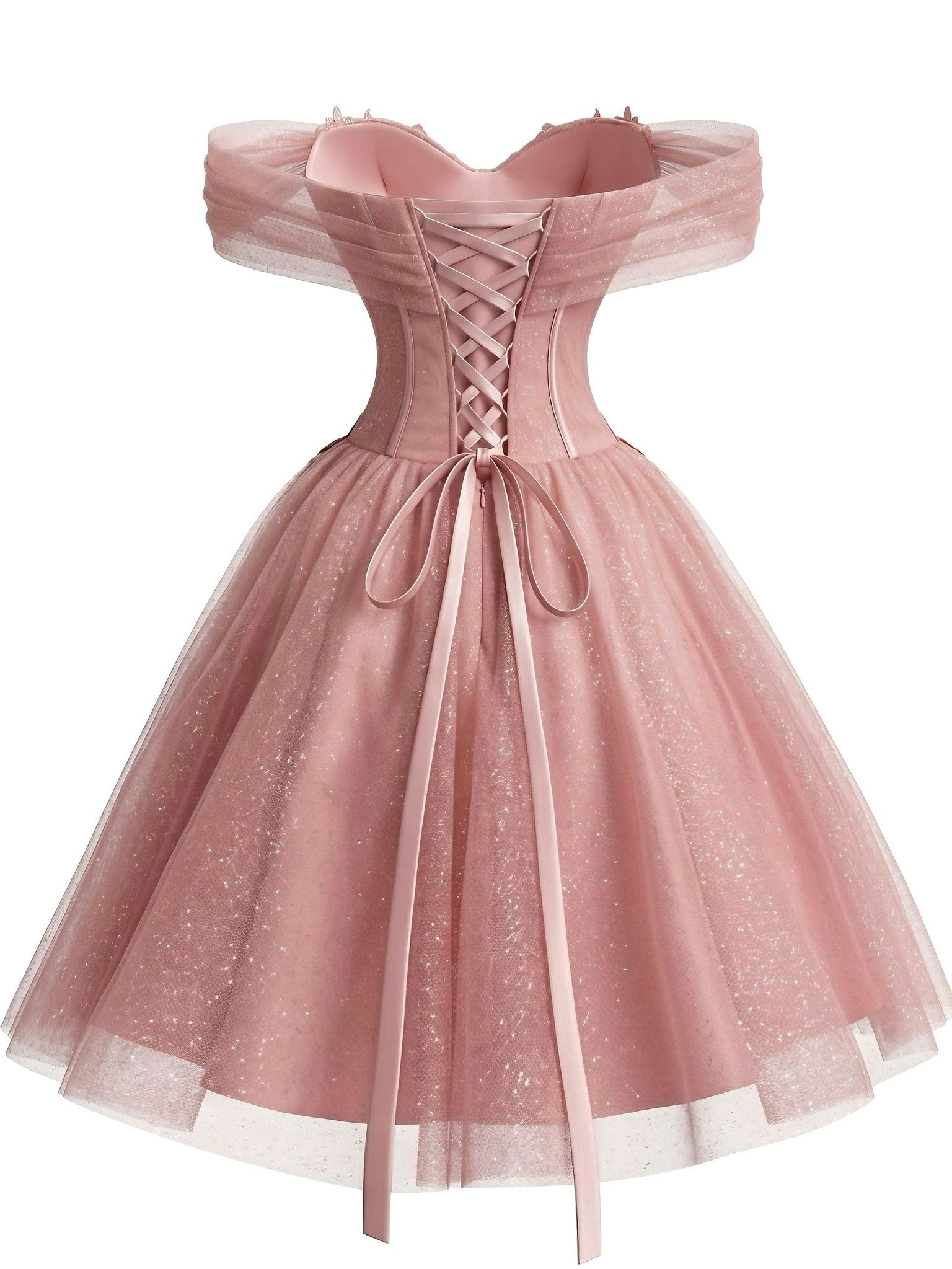 Pink 1950s Floral Off-Shoulder Glitter Tulle Prom Dress