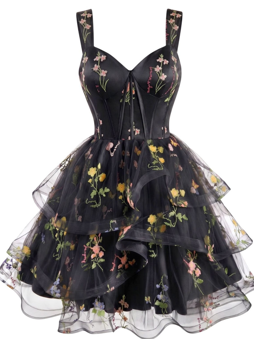 1950s Floral Embroidered Corset Tiered Tulle Dress