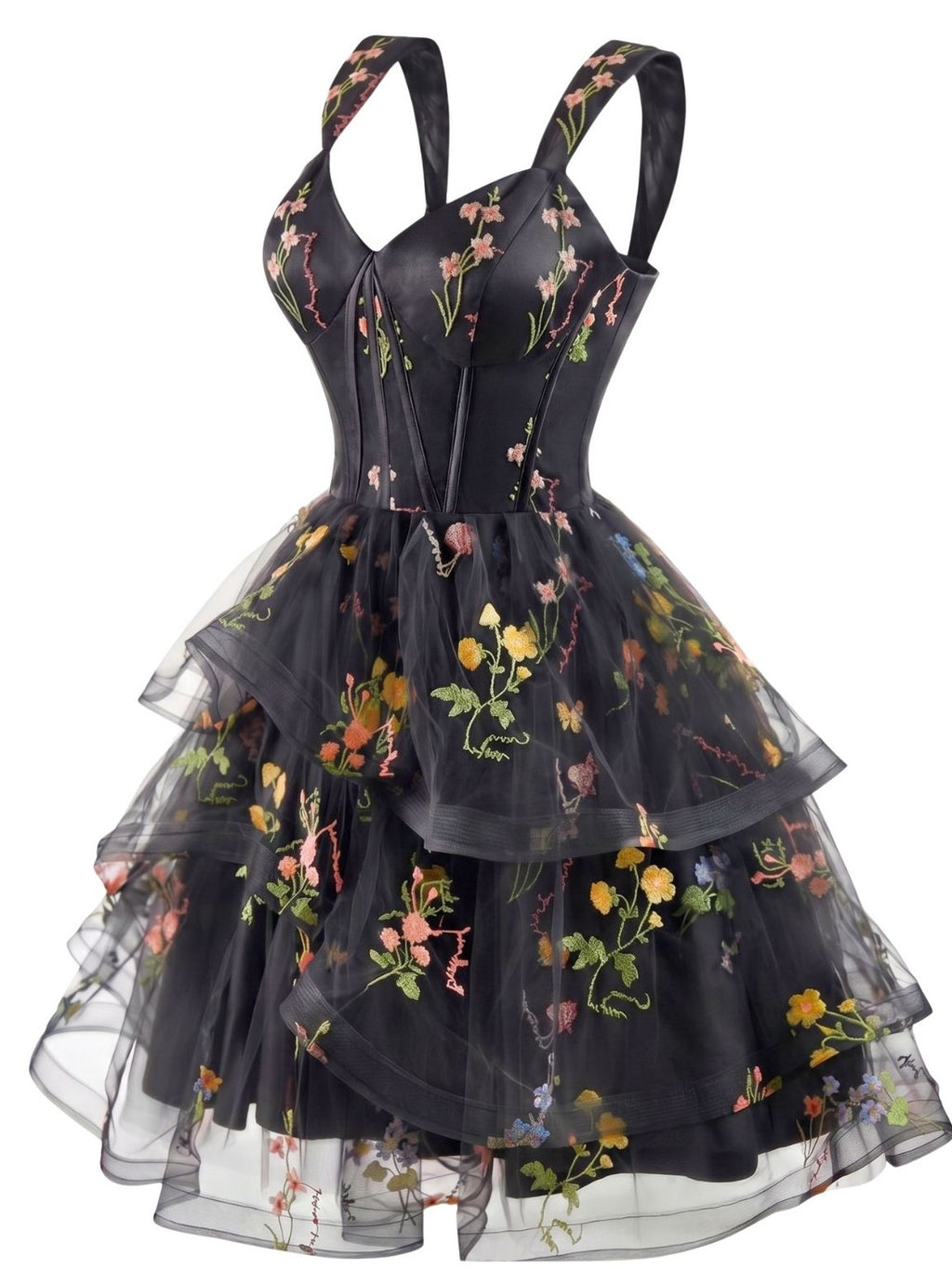 1950s Floral Embroidered Corset Tiered Tulle Dress