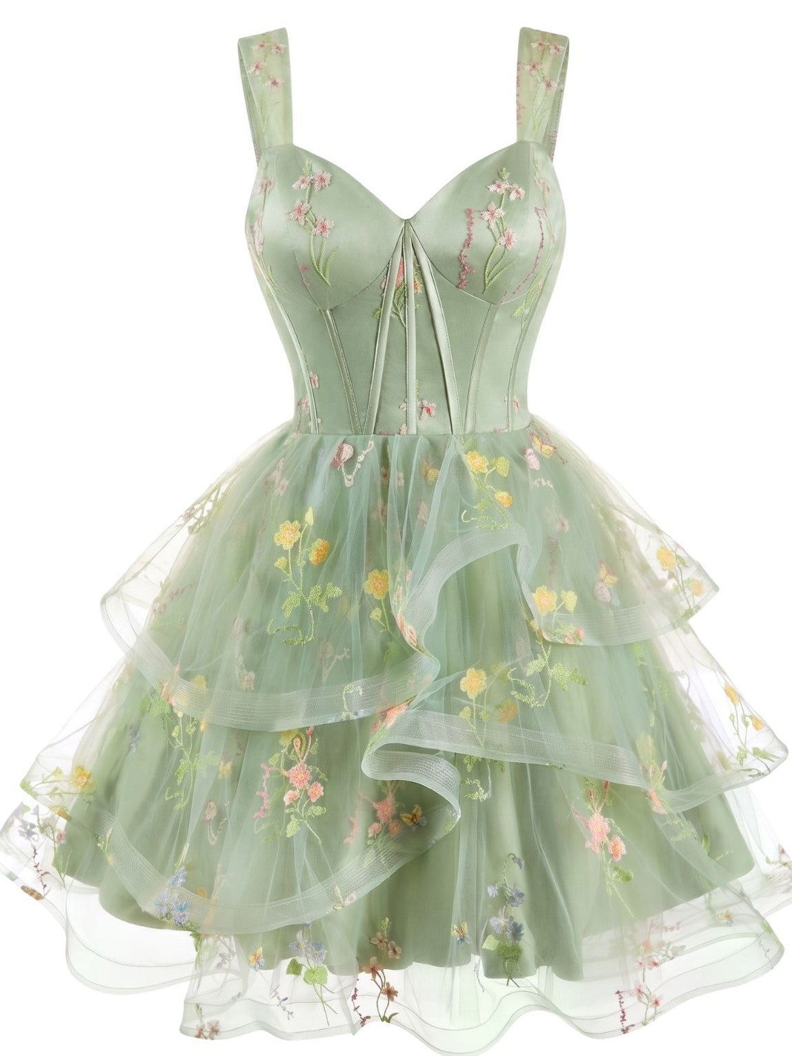 1950s Floral Embroidered Corset Tiered Tulle Dress