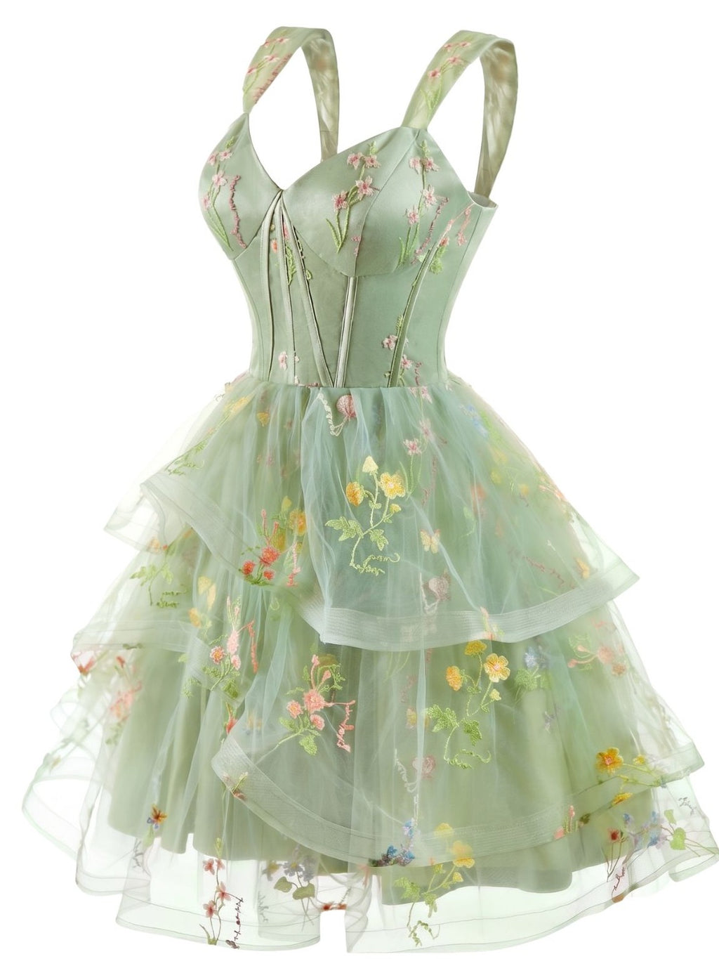 1950s Floral Embroidered Corset Tiered Tulle Dress