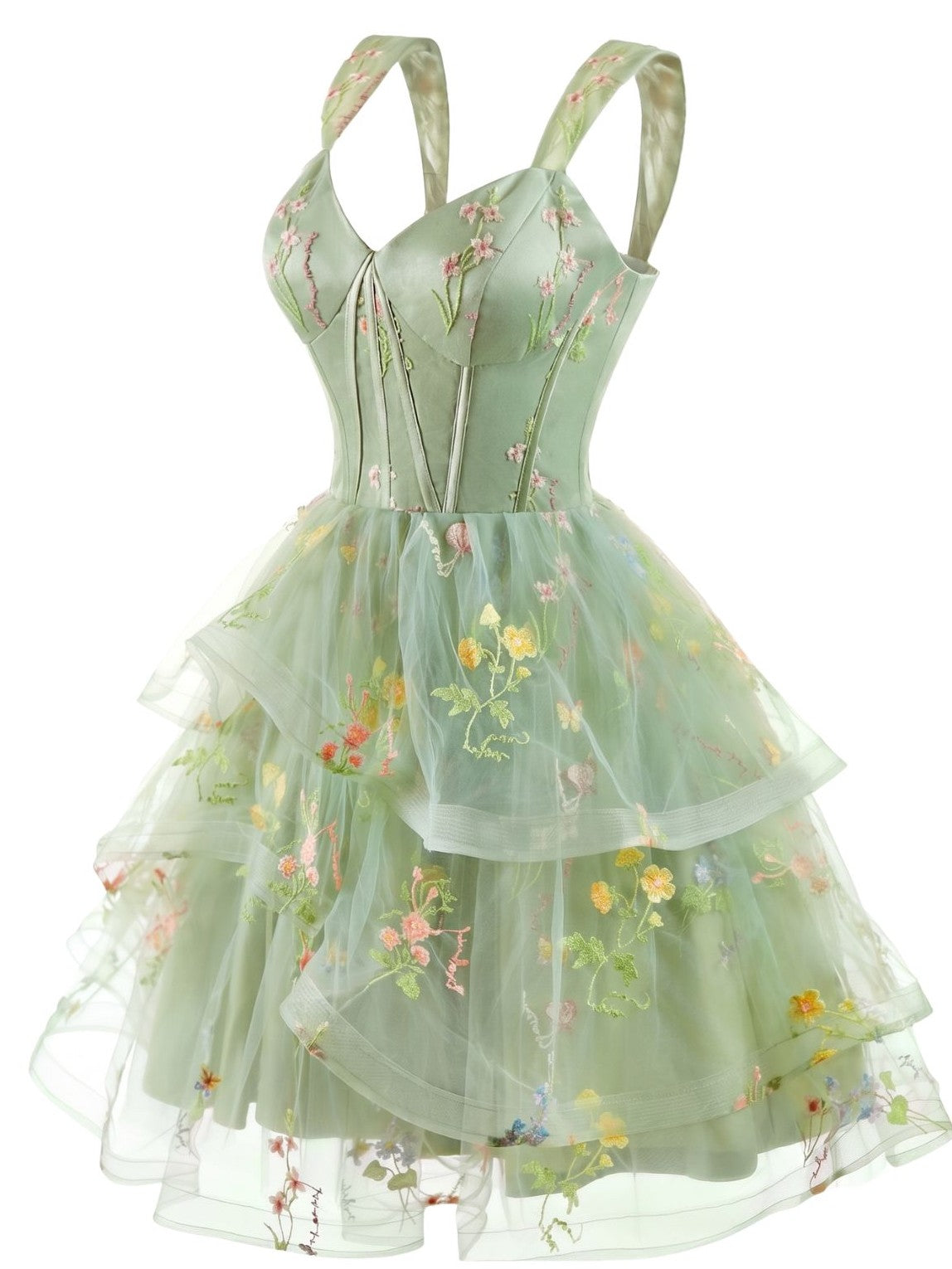 1950s Floral Embroidered Corset Tiered Tulle Dress