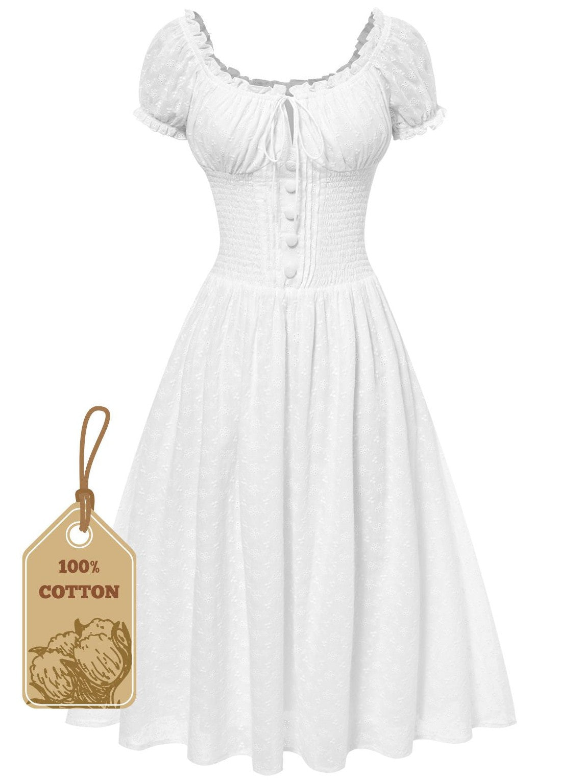 White 1940s Solid Cotton Embroidered Lace Dress