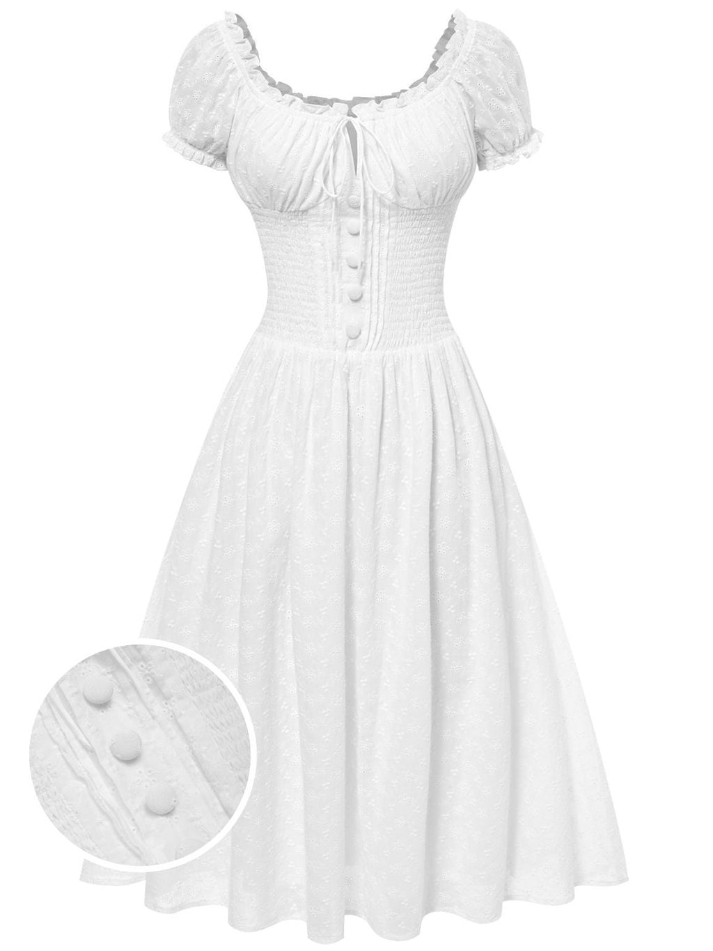 White 1940s Solid Cotton Embroidered Lace Dress