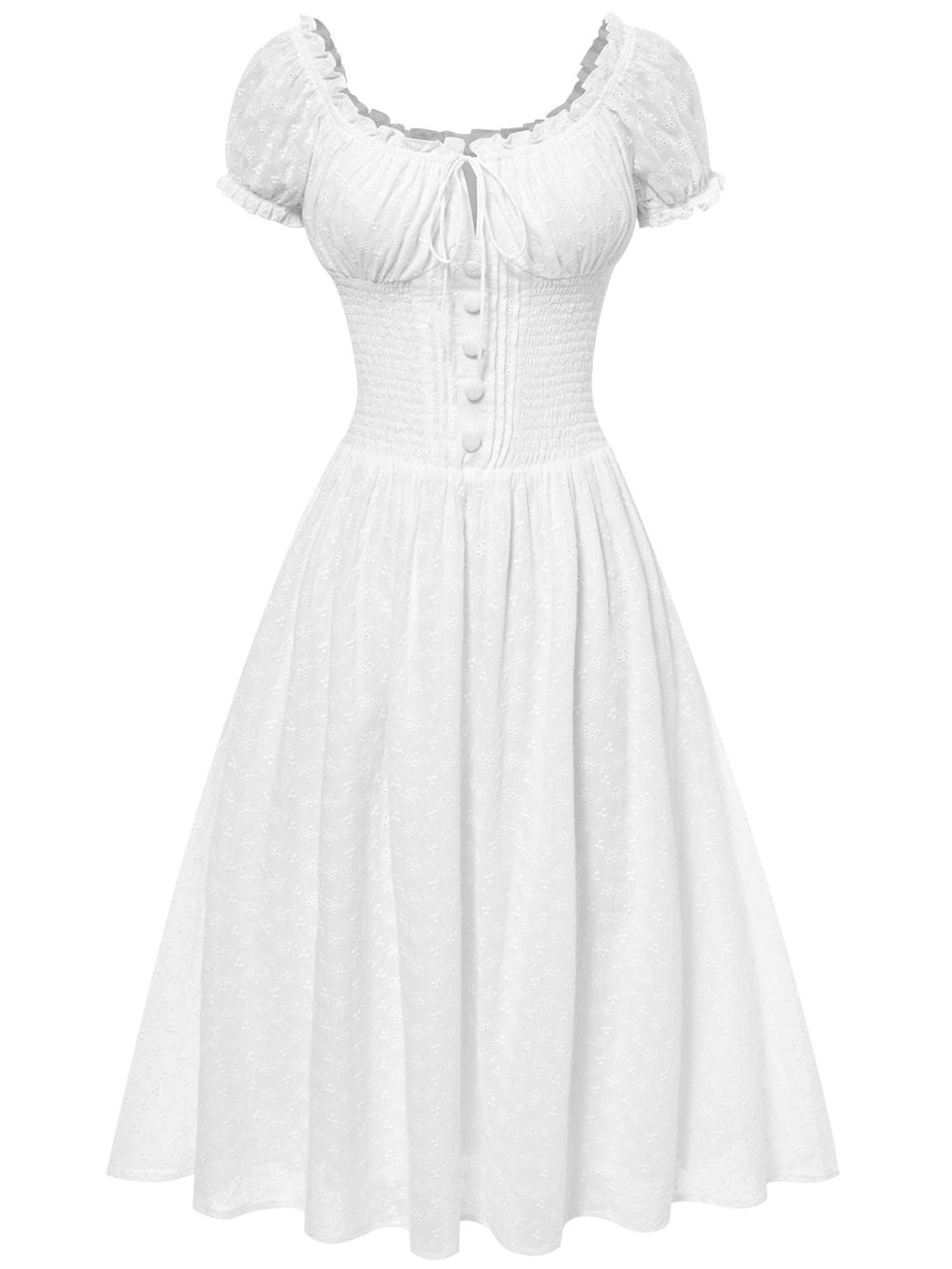 White 1940s Solid Cotton Embroidered Lace Dress