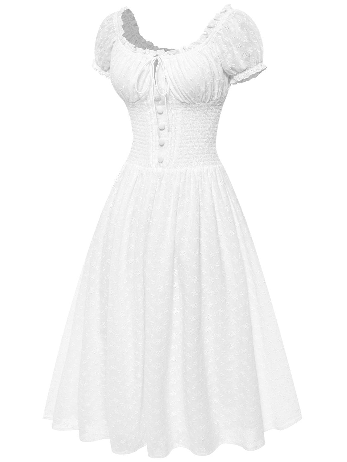 White 1940s Solid Cotton Embroidered Lace Dress