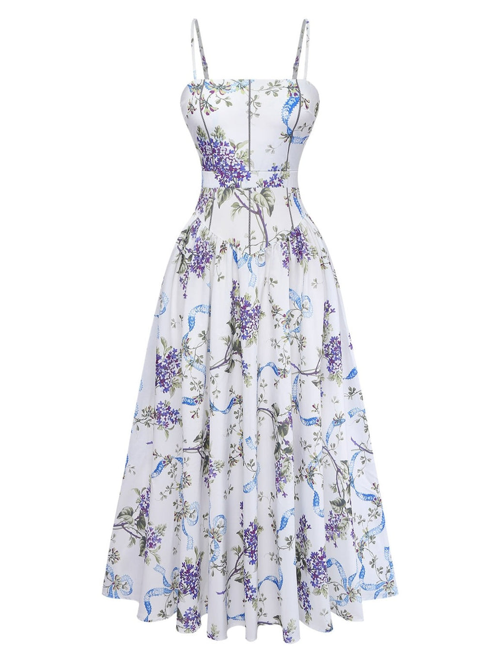 White 1950s Floral Print Spaghetti Strap Chiffon Dress