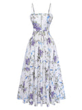 White 1950s Floral Print Spaghetti Strap Chiffon Dress