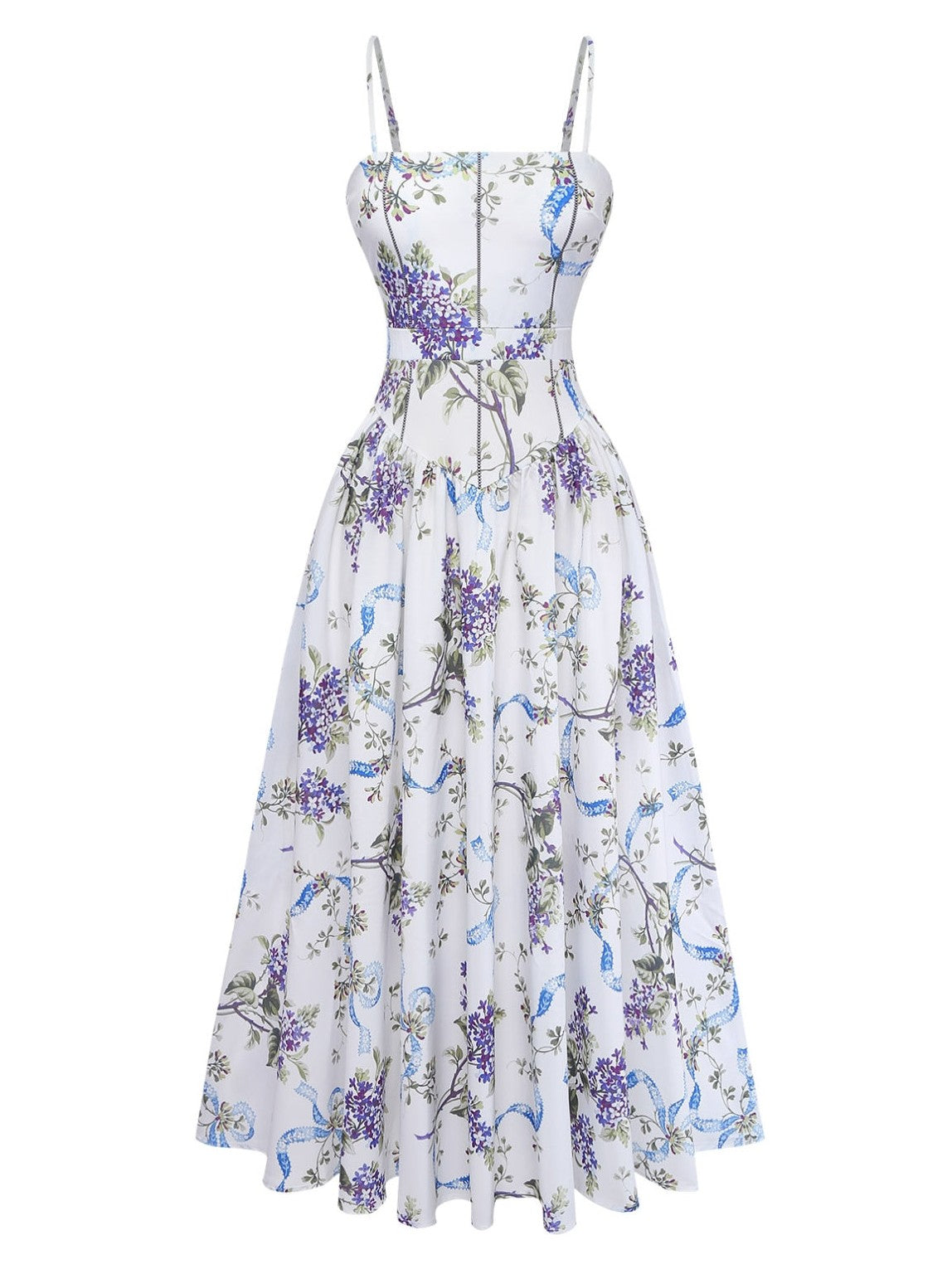 White 1950s Floral Print Spaghetti Strap Chiffon Dress