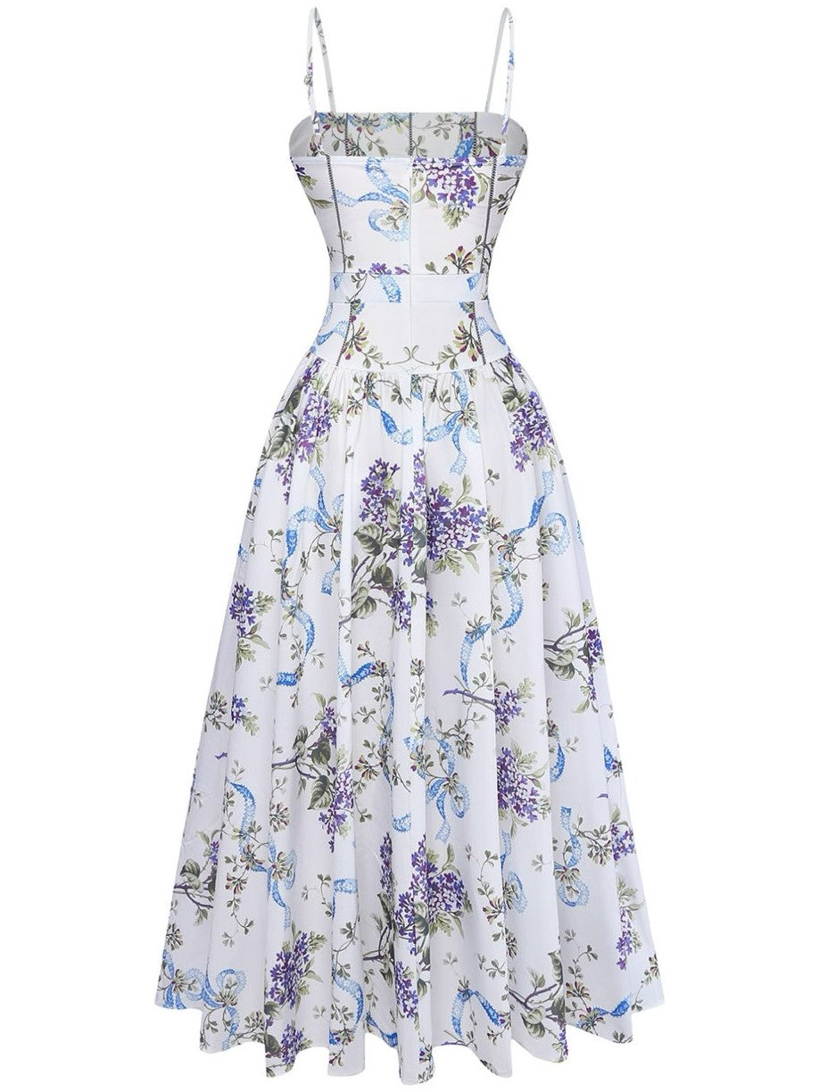 White 1950s Floral Print Spaghetti Strap Chiffon Dress