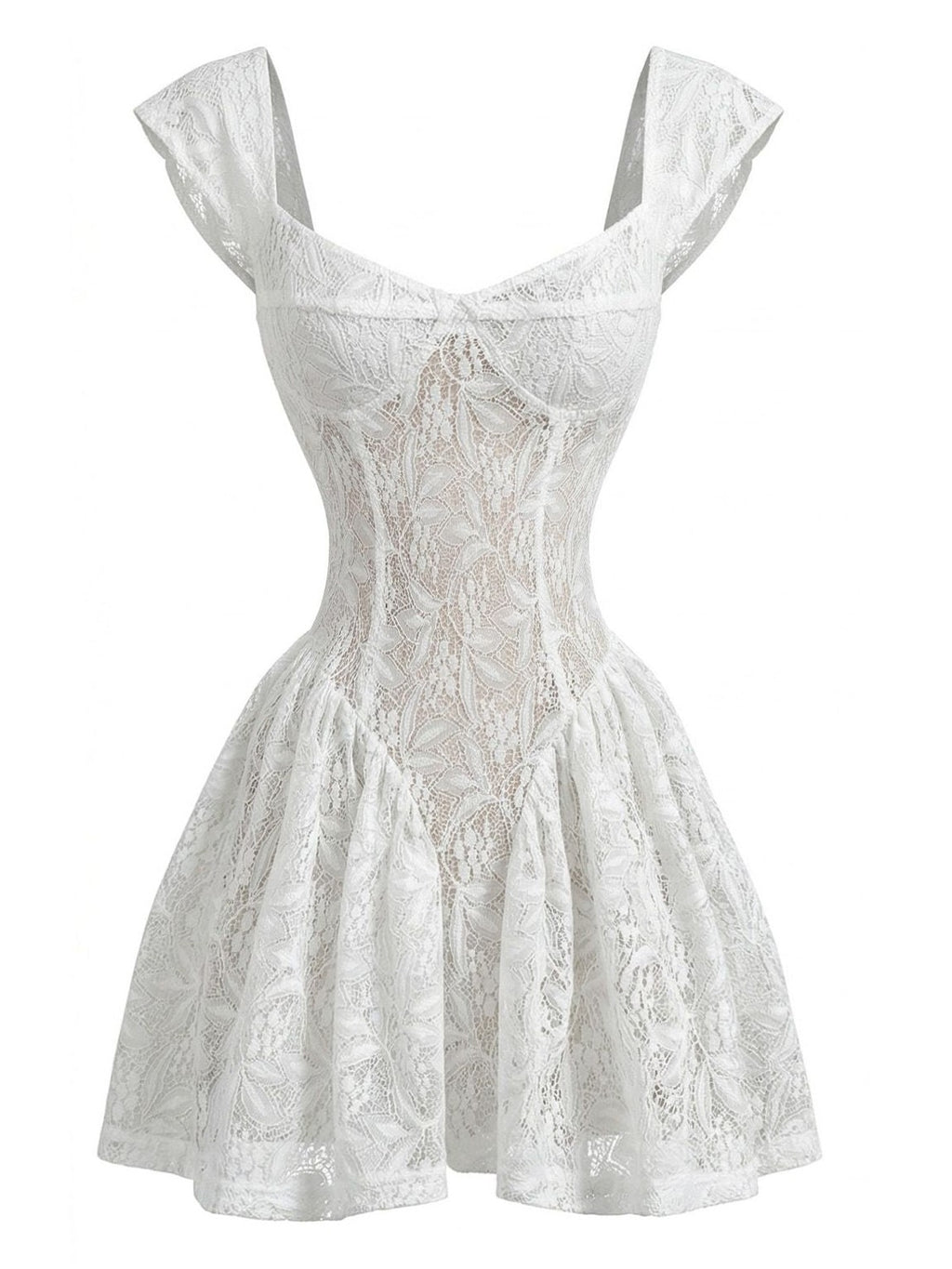 White 1950s Slim Lace Cap Sleeve Fitted Waist Dress