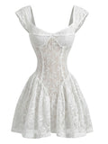 White 1950s Slim Lace Cap Sleeve Fitted Waist Dress